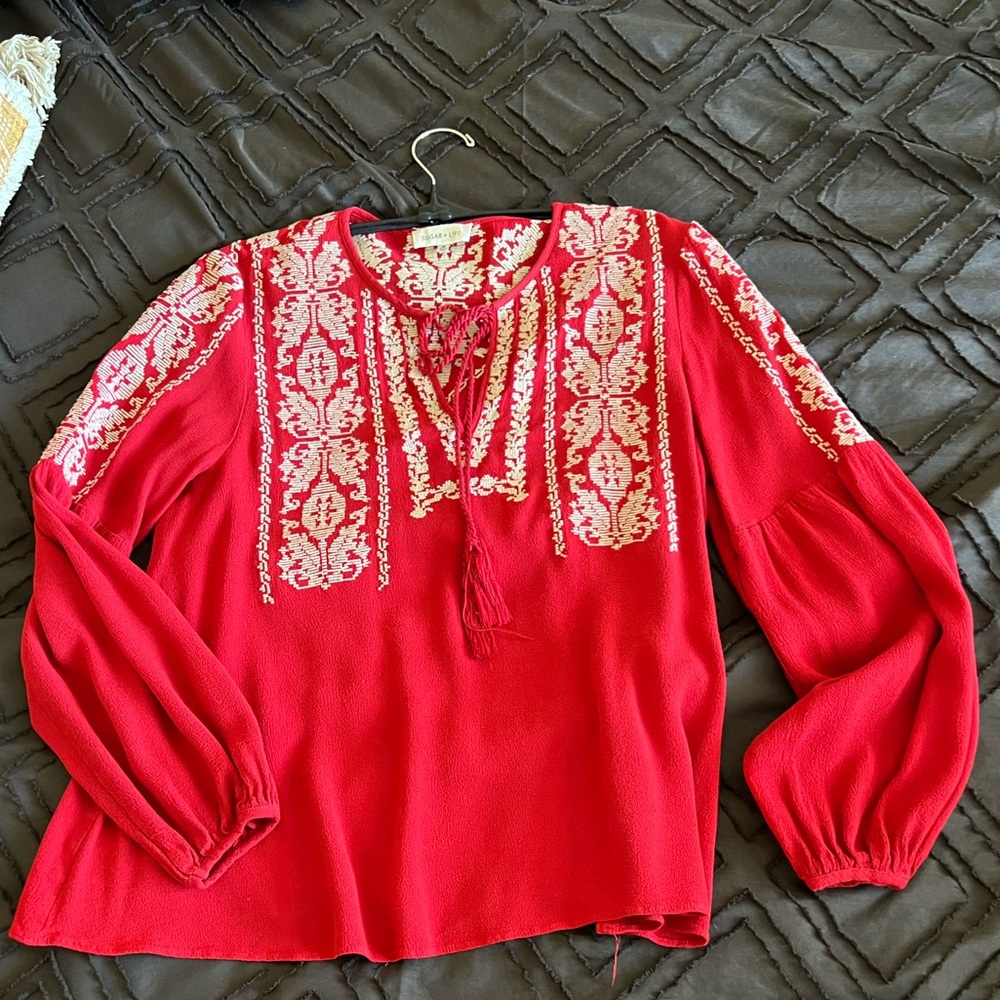 "SUGAR + LIPS".  Rich Cherry Red Tunic with  Cream Embroidery